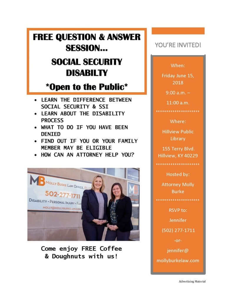 Social Security Disability seminar flyer for event taking place on June 15, 2018 at Hillview Public Library in Hillview, KY
